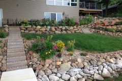 Backyard with multiple steps and rock walls